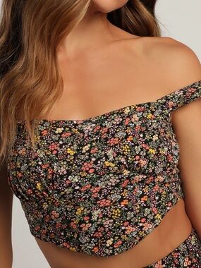 Lulus Black Floral Print Bustier Crop Top Small